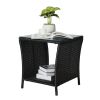 Outdoor Patio Wicker Side Table, Square End Table Bistro Coffee Table with Glass Top Storage Shelf for Porch Garden Backyard Black