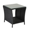 Outdoor Patio Wicker Side Table, Square End Table Bistro Coffee Table with Glass Top Storage Shelf for Porch Garden Backyard Black