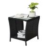 Outdoor Patio Wicker Side Table, Square End Table Bistro Coffee Table with Glass Top Storage Shelf for Porch Garden Backyard Black