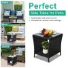 Outdoor Patio Wicker Side Table, Square End Table Bistro Coffee Table with Glass Top Storage Shelf for Porch Garden Backyard Black