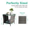 Outdoor Patio Wicker Side Table, Square End Table Bistro Coffee Table with Glass Top Storage Shelf for Porch Garden Backyard Grey