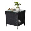 Outdoor Patio Wicker Side Table, Square End Table Bistro Coffee Table with Glass Top Storage Shelf for Porch Garden Backyard Black