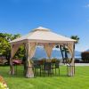 10' x 10' Patio Gazebo, Double Roof Outdoor Gazebo Canopy Shelter with Netting, Steel Corner Frame for Garden, Lawn, Backyard and Deck, Beige