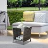 Outdoor Patio Wicker Side Table, Square End Table Bistro Coffee Table with Glass Top Storage Shelf for Porch Garden Backyard Grey