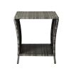 Outdoor Patio Wicker Side Table, Square End Table Bistro Coffee Table with Glass Top Storage Shelf for Porch Garden Backyard Grey