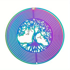 1pc Colorful Tree Of Life Wind Chime Spinner Laser Cut 3D Stainless Steel Sequins Garden Reflective Pendant Bird Scare Repeller, 3.94inch (Model: Round)